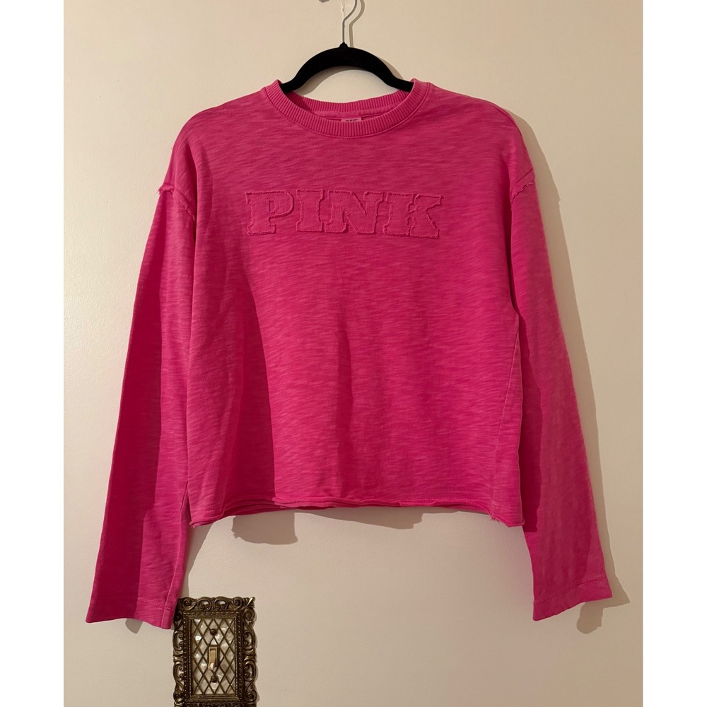 PINK Victoria's Secret Oversized Long Sleeve Slub Knit Raw Hem Logo Hot Pink XS